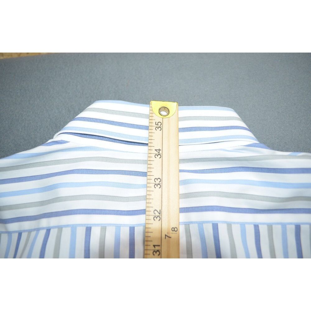 Kiton Men's Button-Down Dress Shirt in White with Blue and Yellow Stripes - Picture 6 of 11
